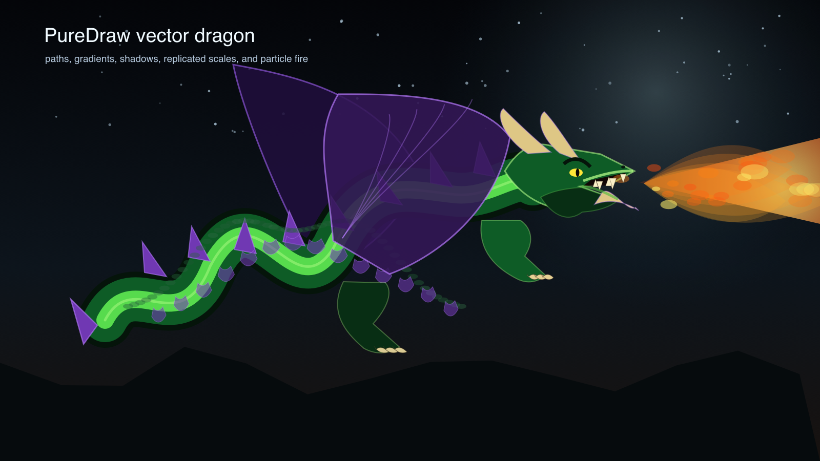A vector dragon breathing particle fire, drawn frame by frame through Apple’s Core Graphics pipeline from the SlayerMotion source