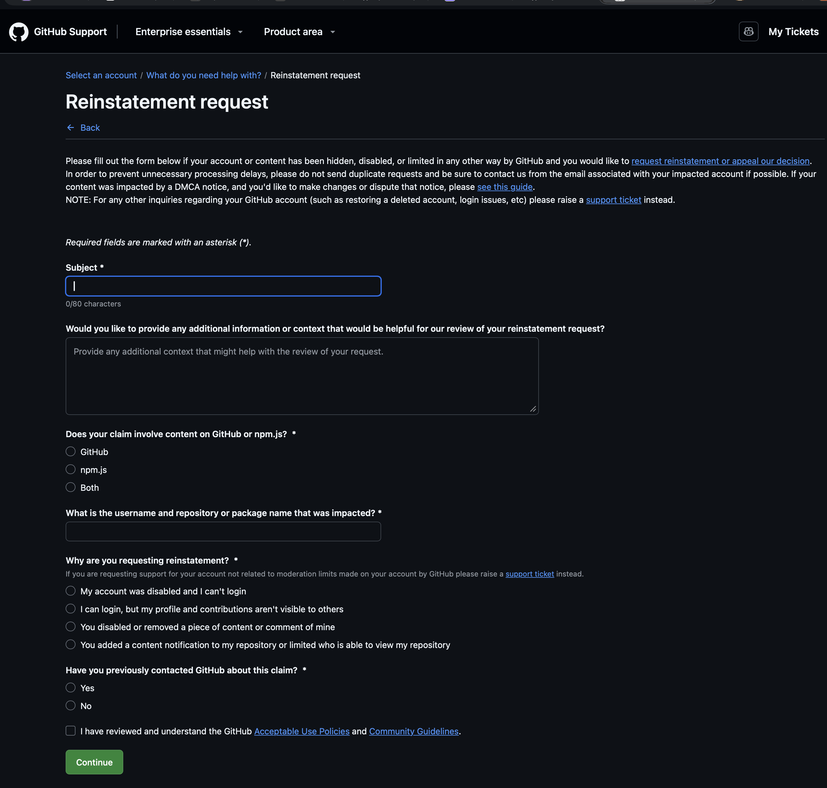 The reinstatement form. One radio button reads: I can login, but my profile and contributions aren’t visible to others. My whole catastrophe, pre-printed as a checkbox.