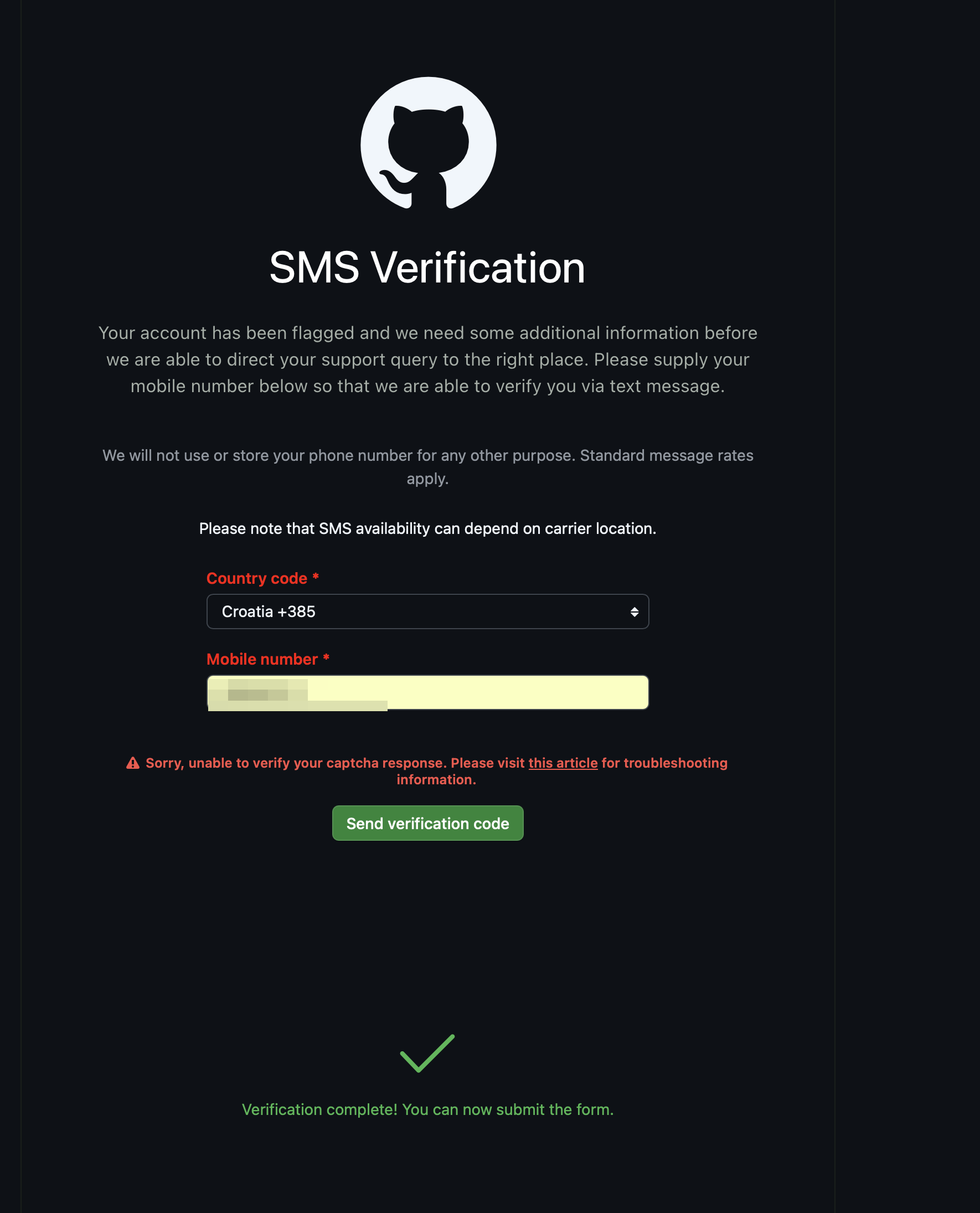 GitHub’s SMS verification gate: a red “unable to verify your captcha response” error sitting directly above a green “Verification complete” checkmark. My number is redacted.