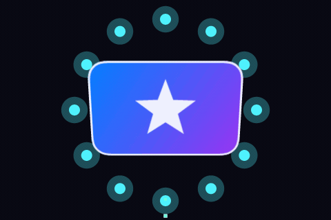A gradient card with a white star, ringed by orbiting dots, animating in a loop